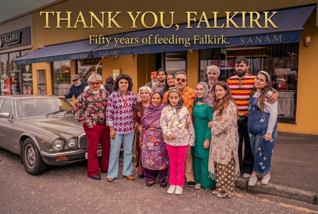 The Sanam Tandoori family outside the restaurant in Falkirk, celebrating 50 years