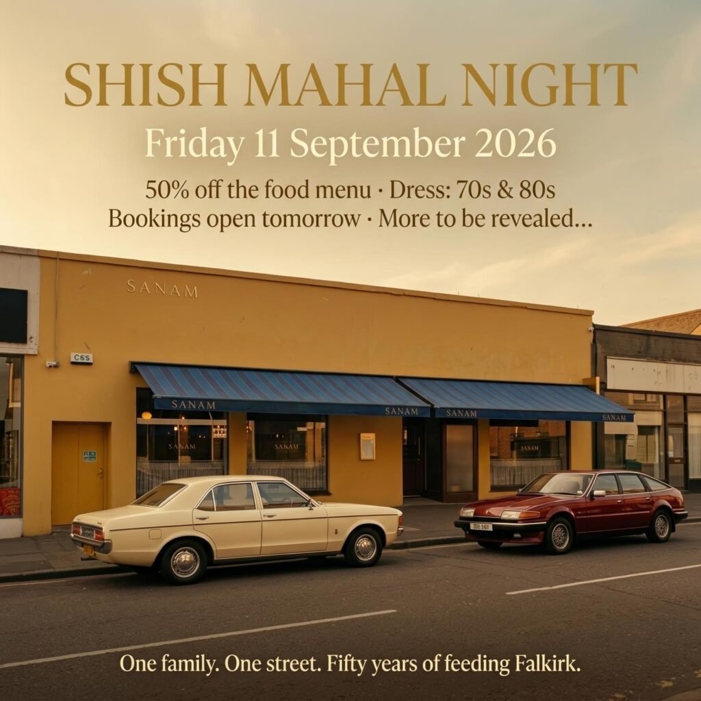 Shish Mahal Night poster, Friday 11 September 2026, Sanam Tandoori Falkirk