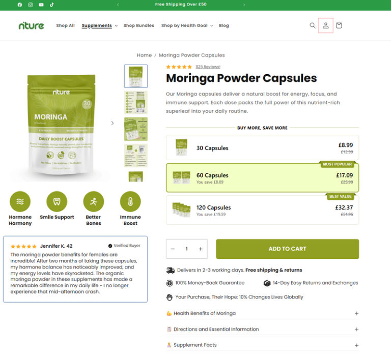 Optimised Shopify product page for the supplement brand